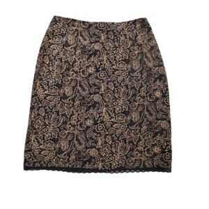 Emma James 100% Silk Floral Paisley Skirt Size 6 Brown Black Lace Trim